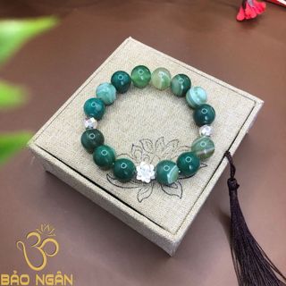 Vòng tay đá mã não xanh 12 ly mix charm hoa sen bạc S925