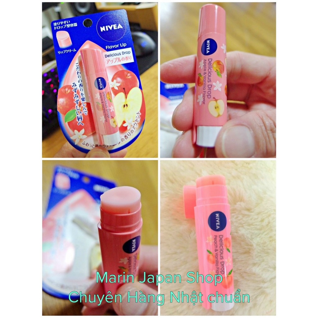 Son dưỡng môi Nivia Nhật Bản có màu hồng và cam tự Nhiên, hương táo và hương đào trái cây