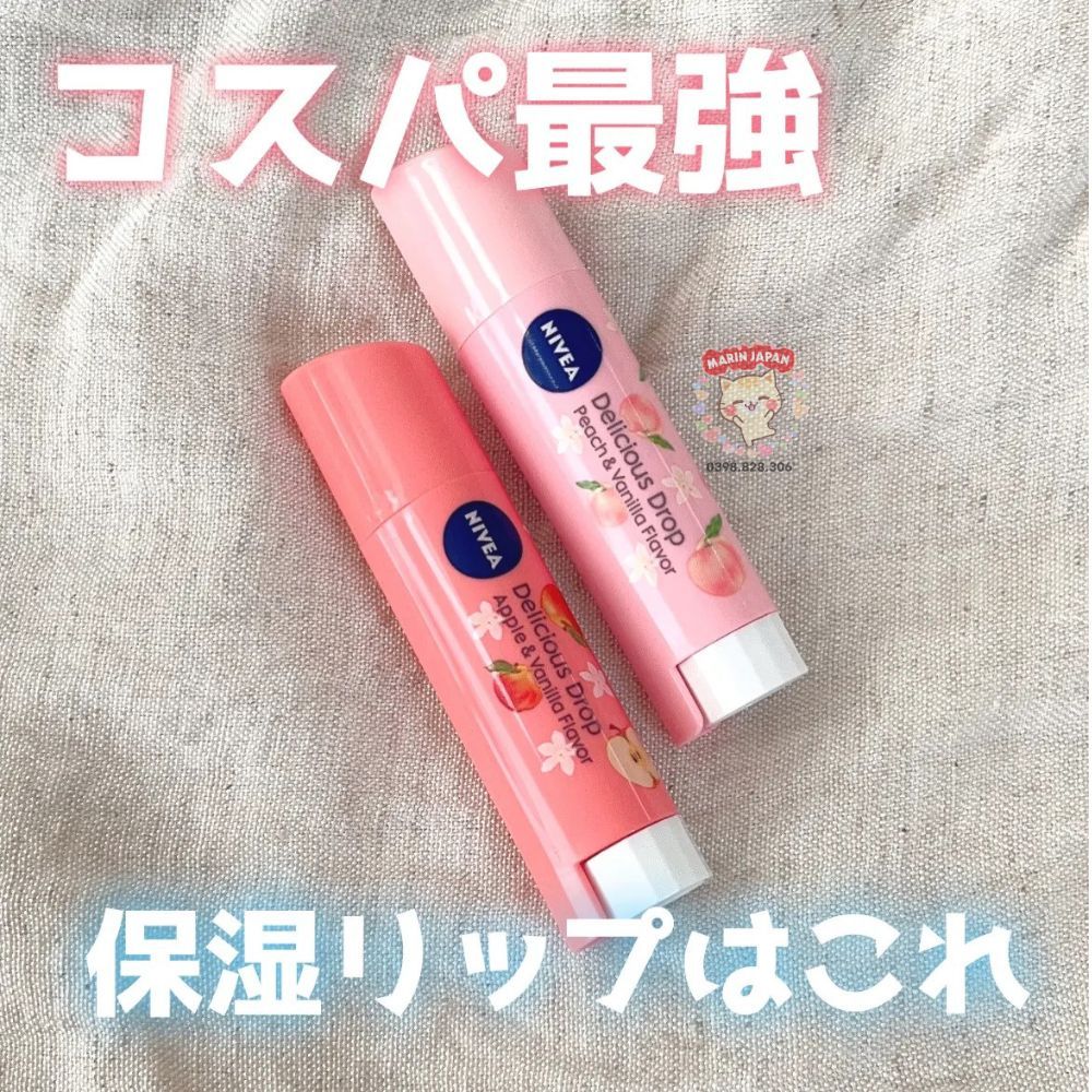 Son dưỡng môi Nivia Nhật Bản có màu hồng và cam tự Nhiên, hương táo và hương đào trái cây