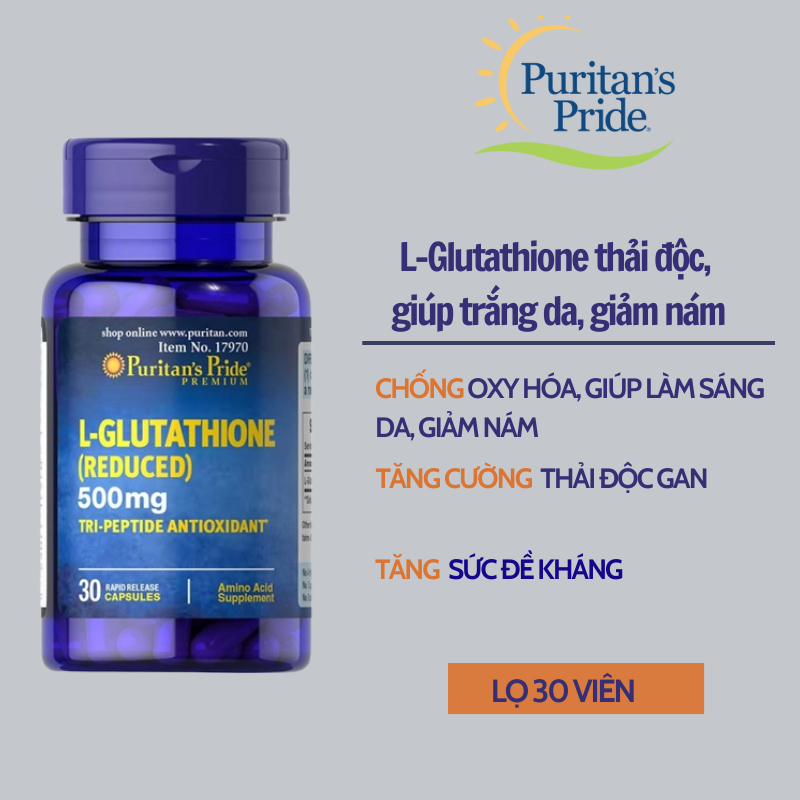 Viên uống thải độc giúp trắng da, giảm nám Puritan's Pride L-Glutathione 500mg 30 viên của Mỹ