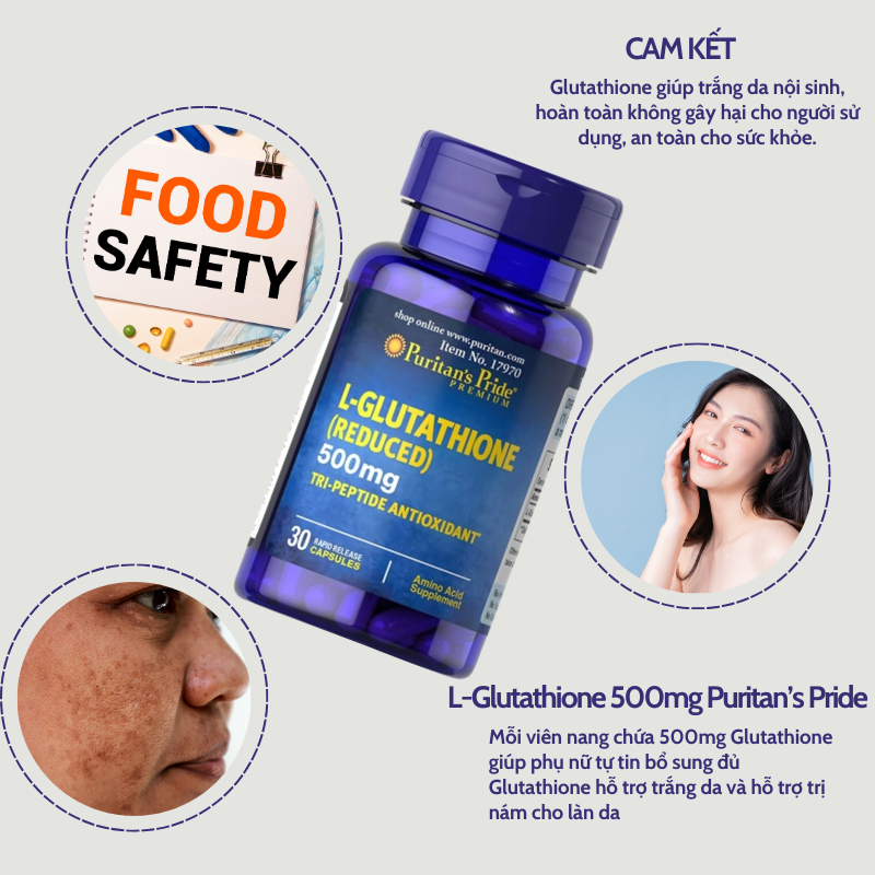 Viên uống thải độc giúp trắng da, giảm nám Puritan's Pride L-Glutathione 500mg 30 viên của Mỹ