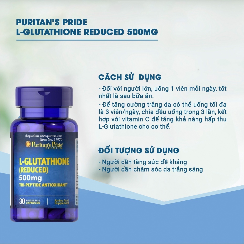 Viên uống thải độc giúp trắng da, giảm nám Puritan's Pride L-Glutathione 500mg 30 viên của Mỹ