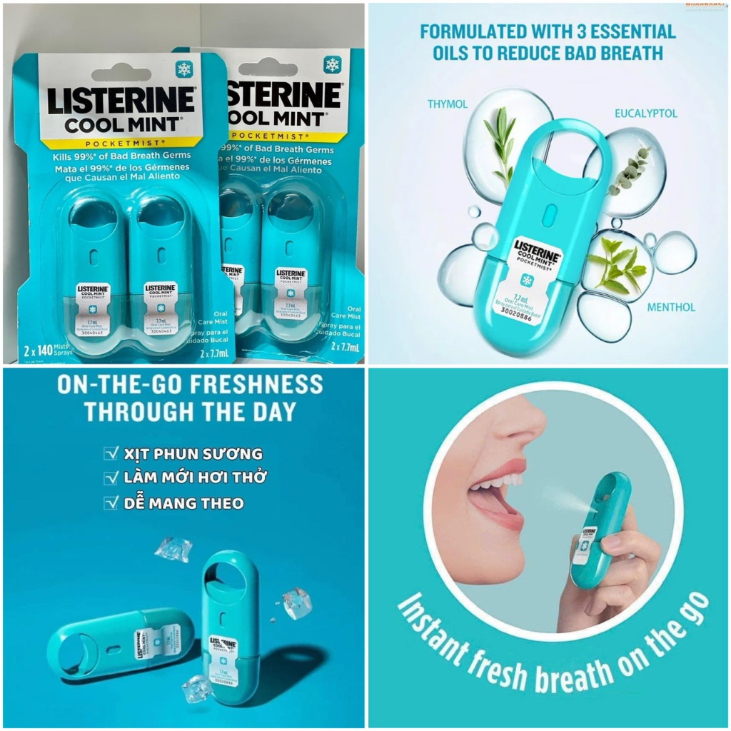 Xịt thơm miệng Listerine Cool Mint Pocketmist của Mỹ 7.7ml