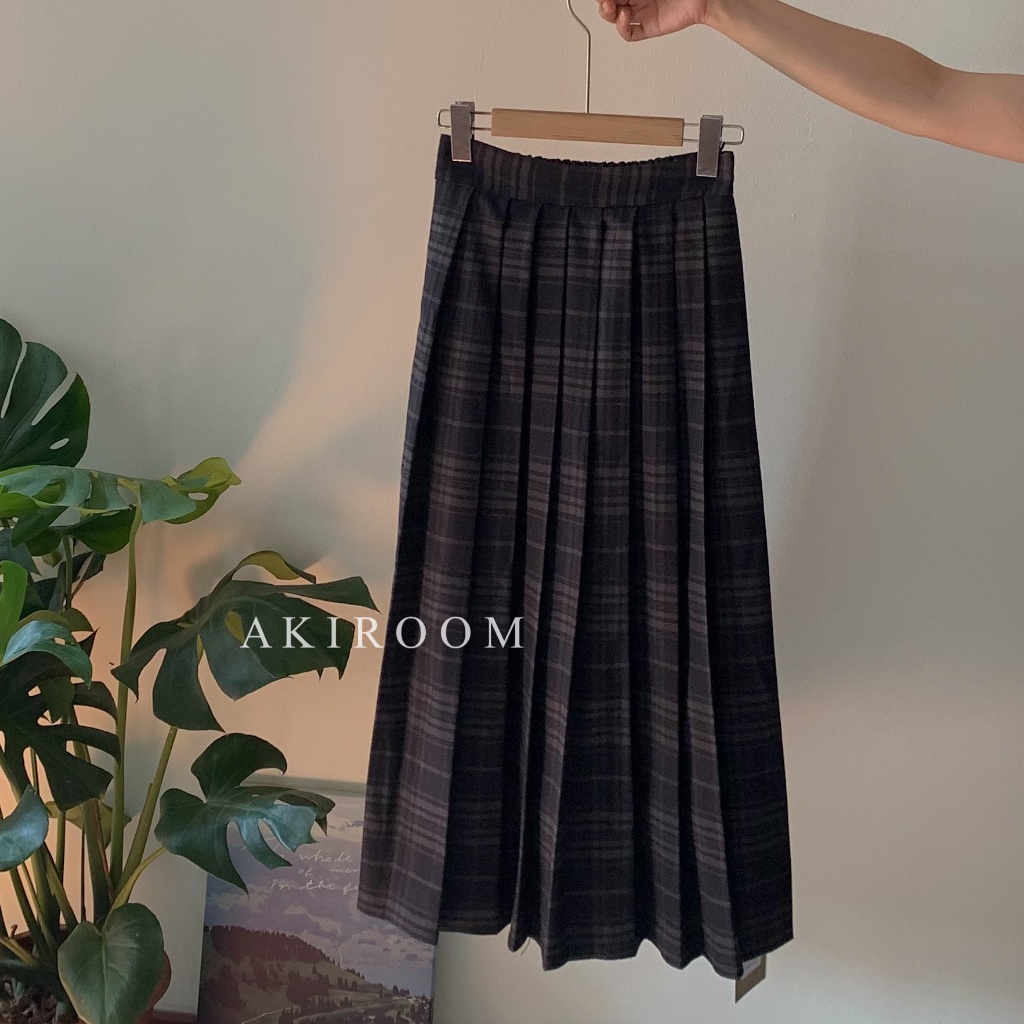 Chân váy dạ mịn kẻ dài xếp ly mặt trước cạp lưng chun 9029