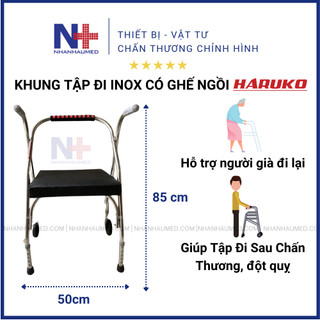 Khung tập đi cho người già có ghế ngồi inox cao cấp, khung tập đi cho người tai biến, người bệnh