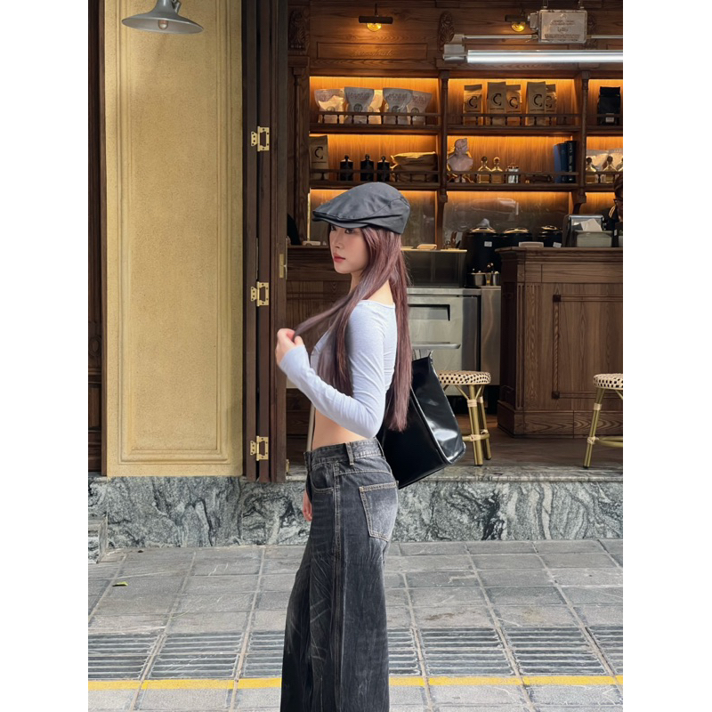 Jeans suông ống rộng mài loang 8661