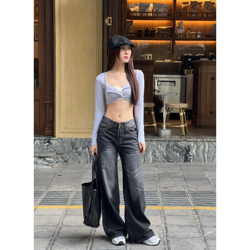 Jeans suông ống rộng mài loang 8661