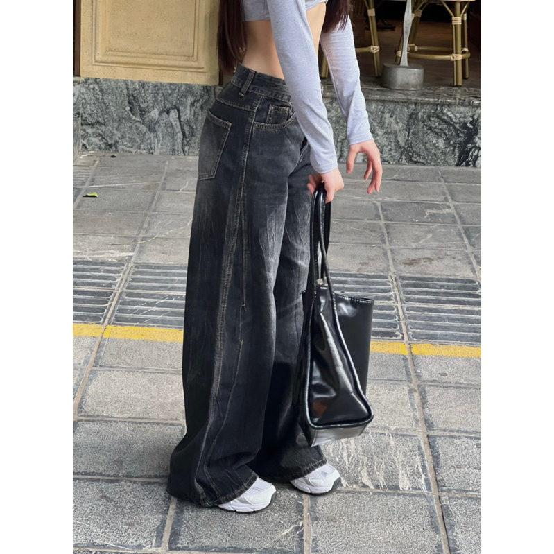 Jeans suông ống rộng mài loang 8661