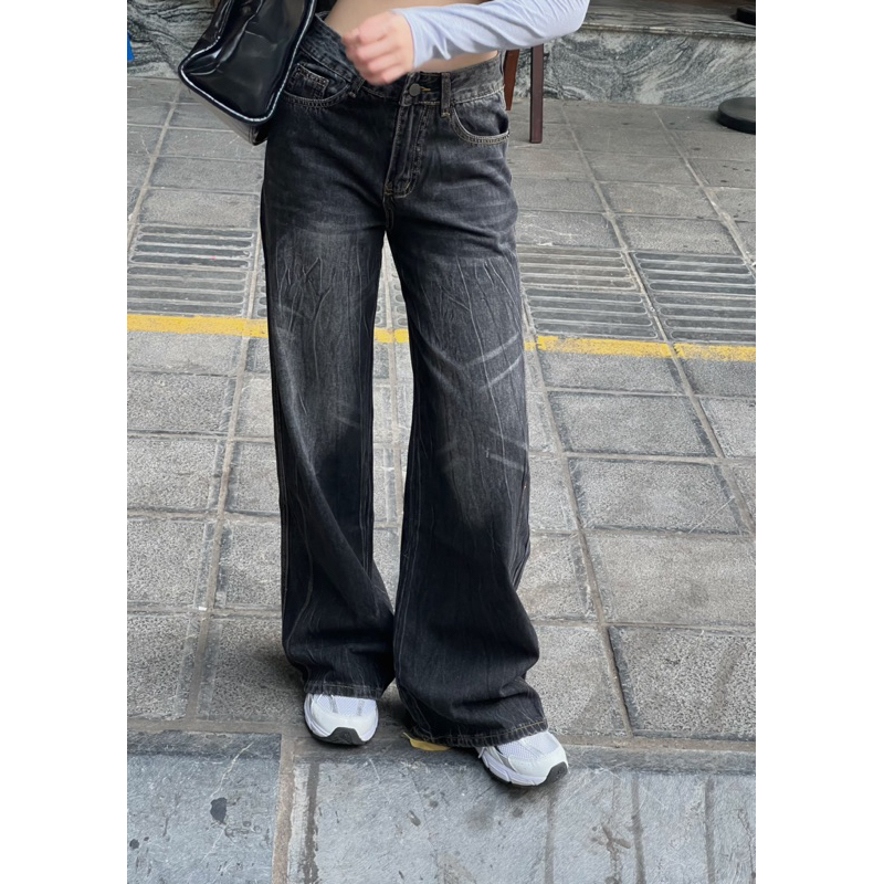 Jeans suông ống rộng mài loang 8661
