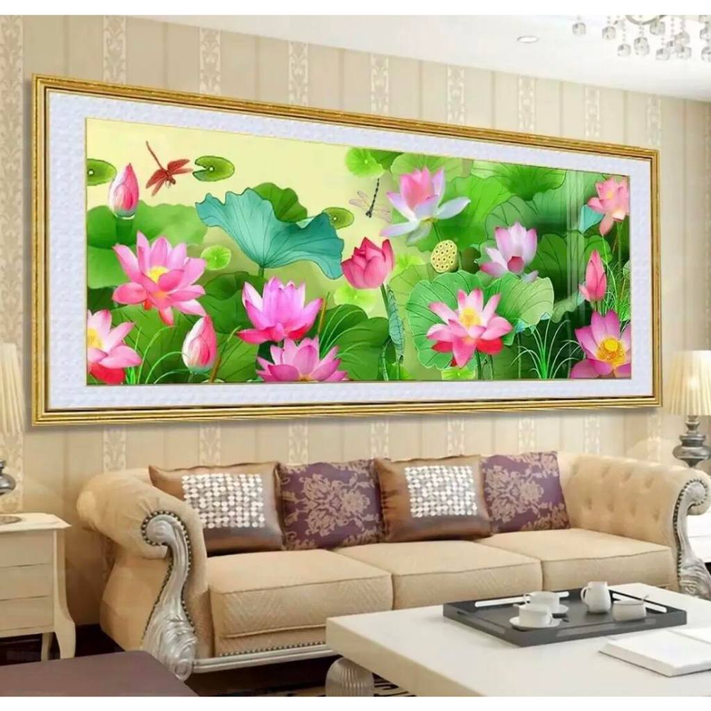 Tranh thêu kín Đầm Sen - Kích thước: 200x75cm ,tranh chưa thêu