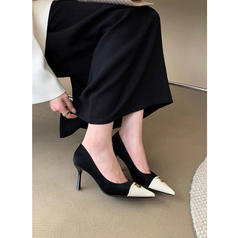 Giày cao gót đen mũi trắng 7349-6