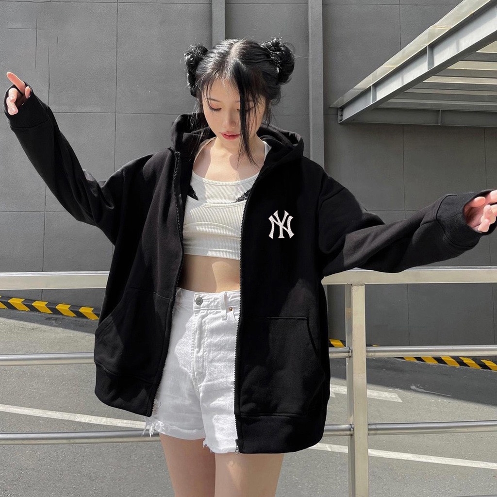 Áo khoác hoodie zip mlb new york chính hãng unisex form rộng nam nữ chất liệu nỉ bông cao cấp dày dặn có mũ YCT