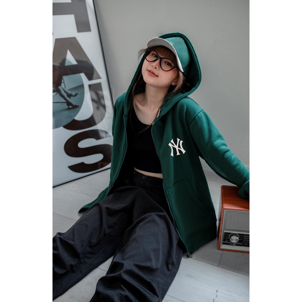 Áo khoác hoodie zip mlb new york chính hãng unisex form rộng nam nữ chất liệu nỉ bông cao cấp dày dặn có mũ YCT