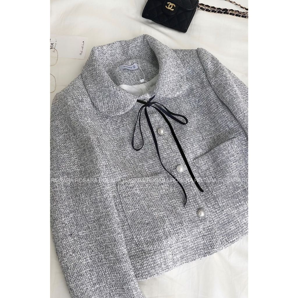 Áo Khoác Dạ Tweed Kim Sa Nữ Ghi Cổ Sơ Mi Đính Nơ Đen Thời Trang Nữ Rosara K33