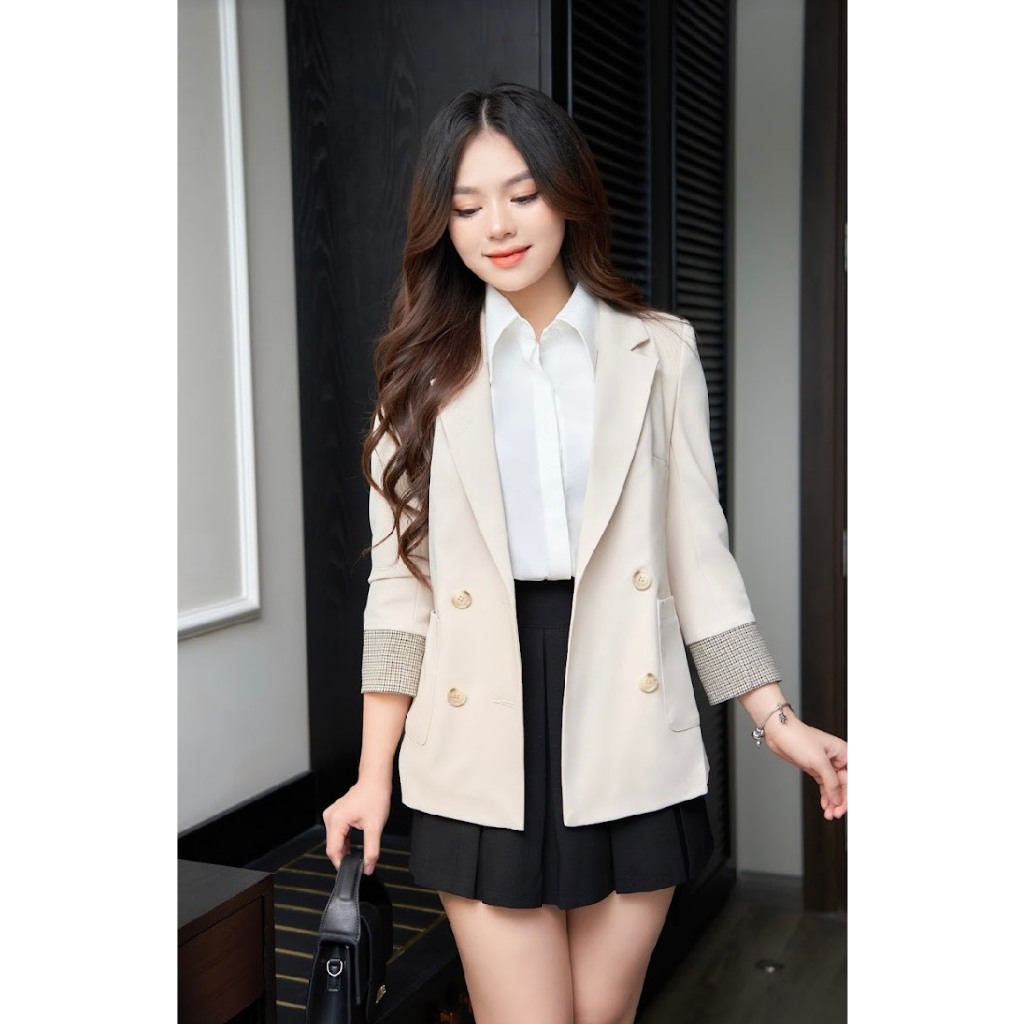 Áo Khoác Blazer Nữ Màu Be Tay Lỡ Xắn Caro 4 Khuy Cổ Vest Thời Trang Nữ Rosara K38