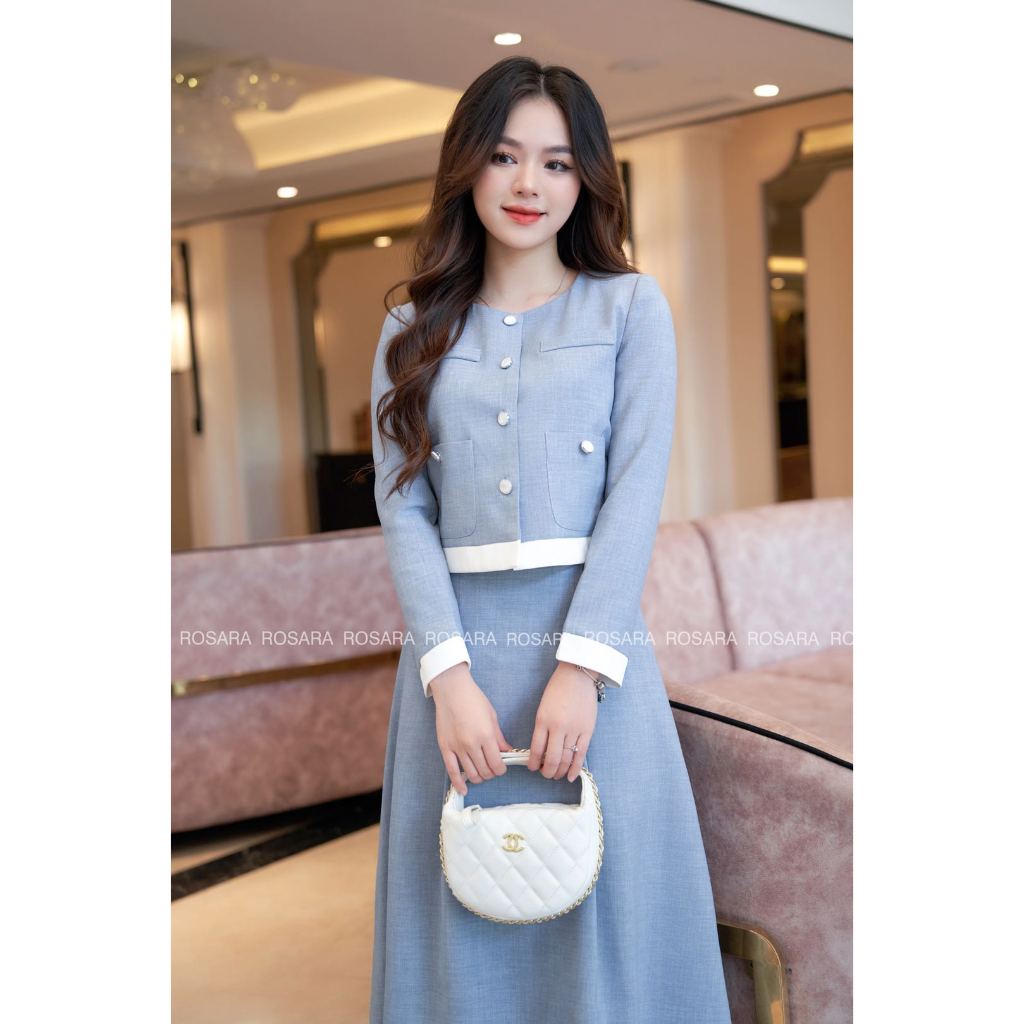 Set Áo Sơ Mi Dài Tay Nữ Kèm Chân Váy Dáng Dài Màu Xanh Viền Trắng Thời Trang Nữ Rosara SET61