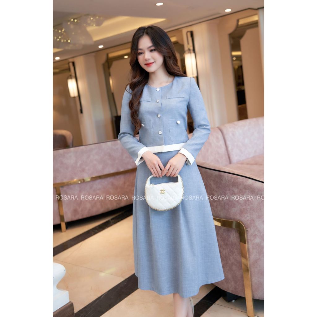 Set Áo Sơ Mi Dài Tay Nữ Kèm Chân Váy Dáng Dài Màu Xanh Viền Trắng Thời Trang Nữ Rosara SET61