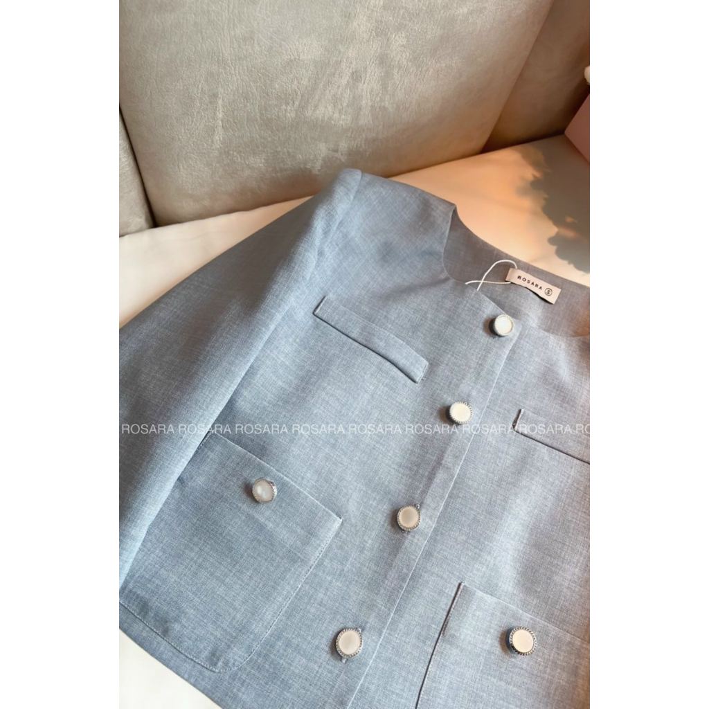 Set Áo Sơ Mi Dài Tay Nữ Kèm Chân Váy Dáng Dài Màu Xanh Viền Trắng Thời Trang Nữ Rosara SET61