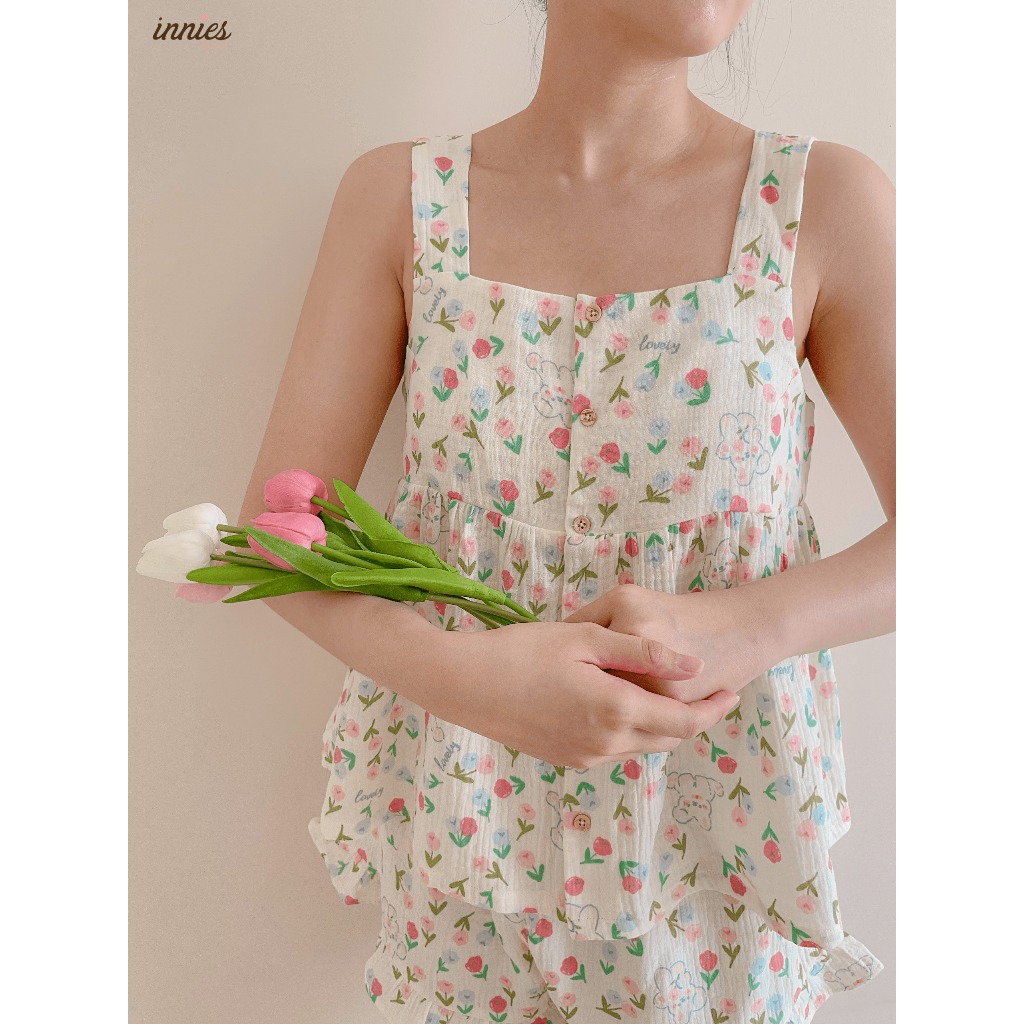 Bộ NỮ mặc nhà cotton muslin sát nách nút cài giữa - quần shorts bèo Innies