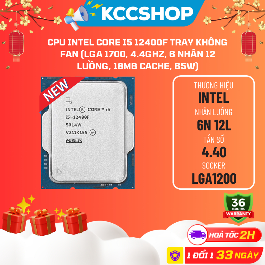 Bộ vi xử lý CPU Intel Core I5 12400F đời 12 LGA1700 6 nhân 12 luồng 4.4GHz 65W Tray không fan - BH 36 tháng