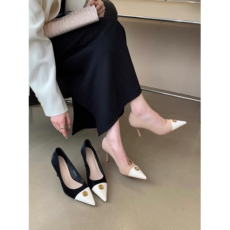 Giày cao gót đen mũi trắng 7349-6