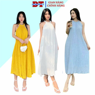 Đầm maxi cổ yếm khóa lệ dáng dài hottrend Váy chất đũi xốp 4 màu siêu mát
