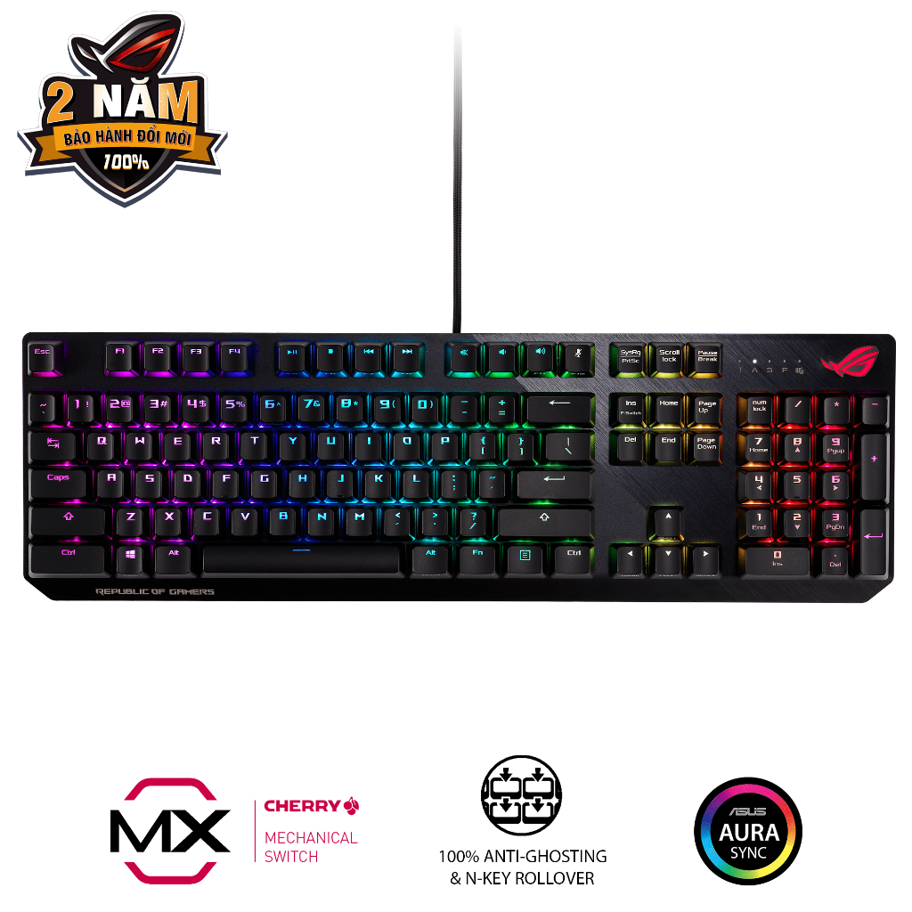 Bàn phím quang cơ gaming ASUS ROG STRIX SCOPE, Cherry MX Switch RED, vỏ nhôm, đệm tay công thái học, Aura Sync