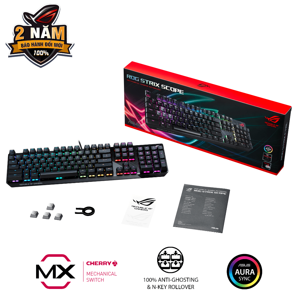 Bàn phím quang cơ gaming ASUS ROG STRIX SCOPE, Cherry MX Switch RED, vỏ nhôm, đệm tay công thái học, Aura Sync