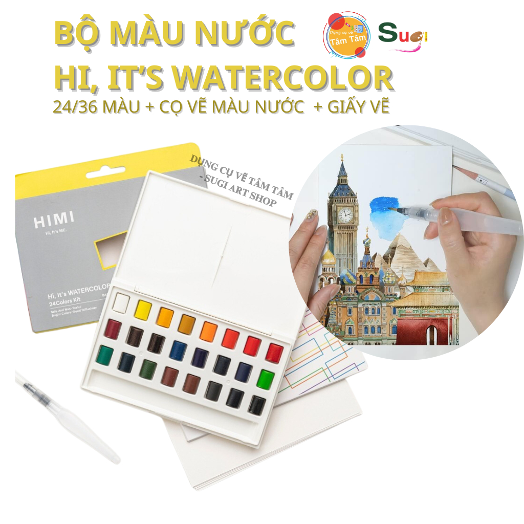 Bộ màu nước Himi thế hệ mới - kèm 6 giấy vẽ 300gsm và 1 cọ vẽ