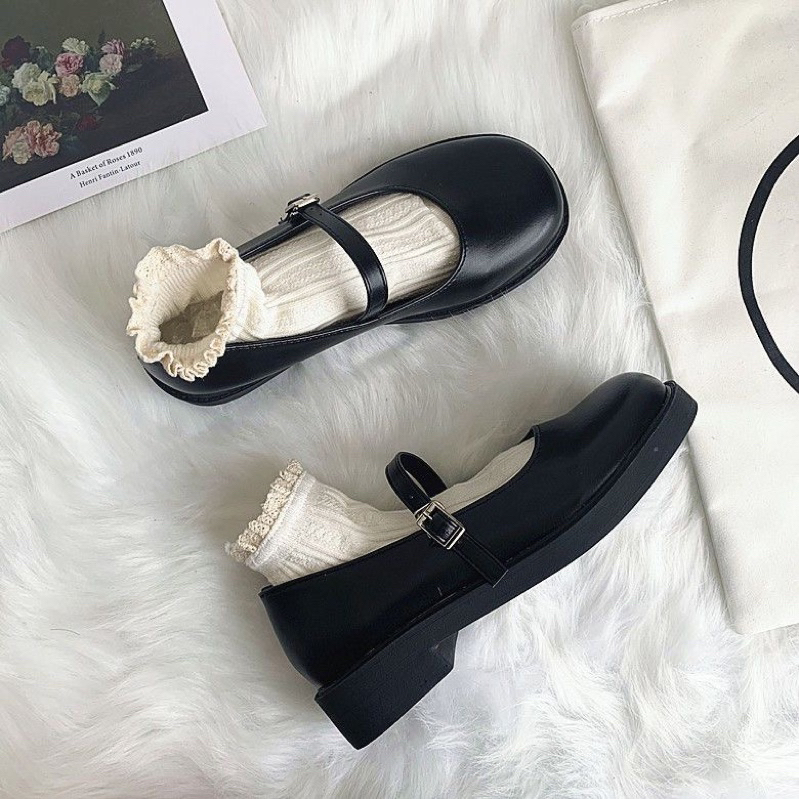 Giày Mary Jane Quai Da Basic Phong Cách Lolita Phong Cách Baby Nữ Sinh Nhật Bản - Phom Rộng Lùi Size