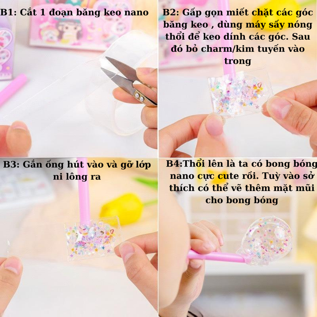 Kim Tuyến Charm Trang Trí Băng Keo Nano Thổi Bong Bong Bóng Kem Keo Slime Nhiều Màu Timo QT07