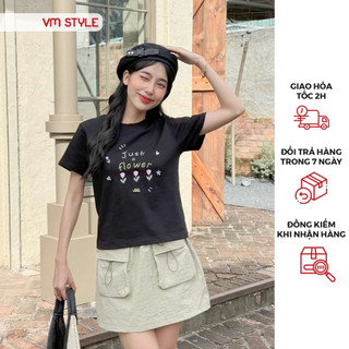 Áo thun babytee nữ VMSTYLE tay ngắn cổ tròn thêu chữ Just Flower và hoa basic, dễ thương đi học, đi chơi AM13 - ATU00635