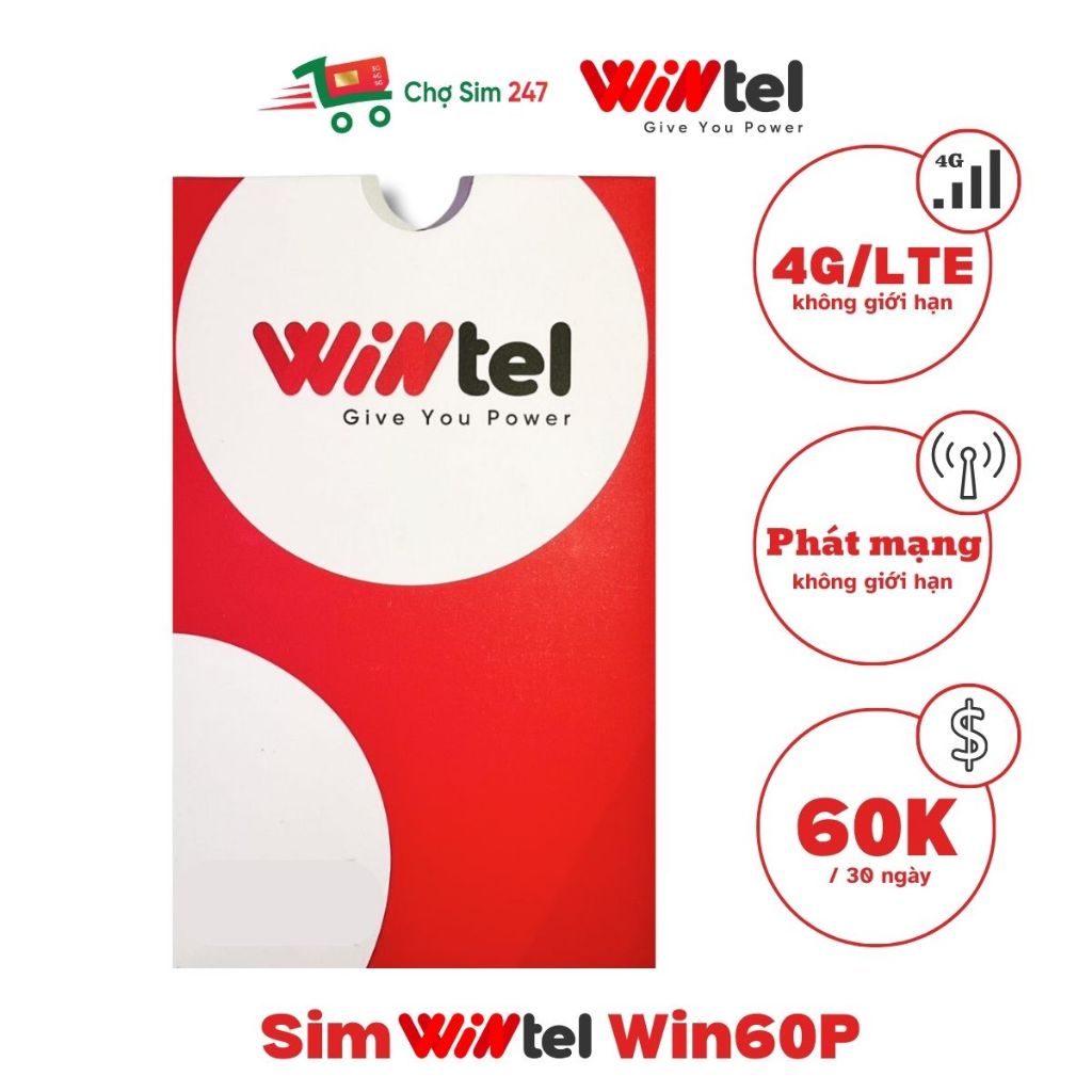 Sim Wintel Win60P - Sim 4G Data không giới hạn, sóng Vinaphone, dành cho điện thoại, máy tính bảng, phát wifi