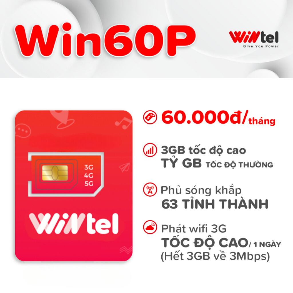 Sim Wintel Win60P - Sim 4G Data không giới hạn, sóng Vinaphone, dành cho điện thoại, máy tính bảng, phát wifi