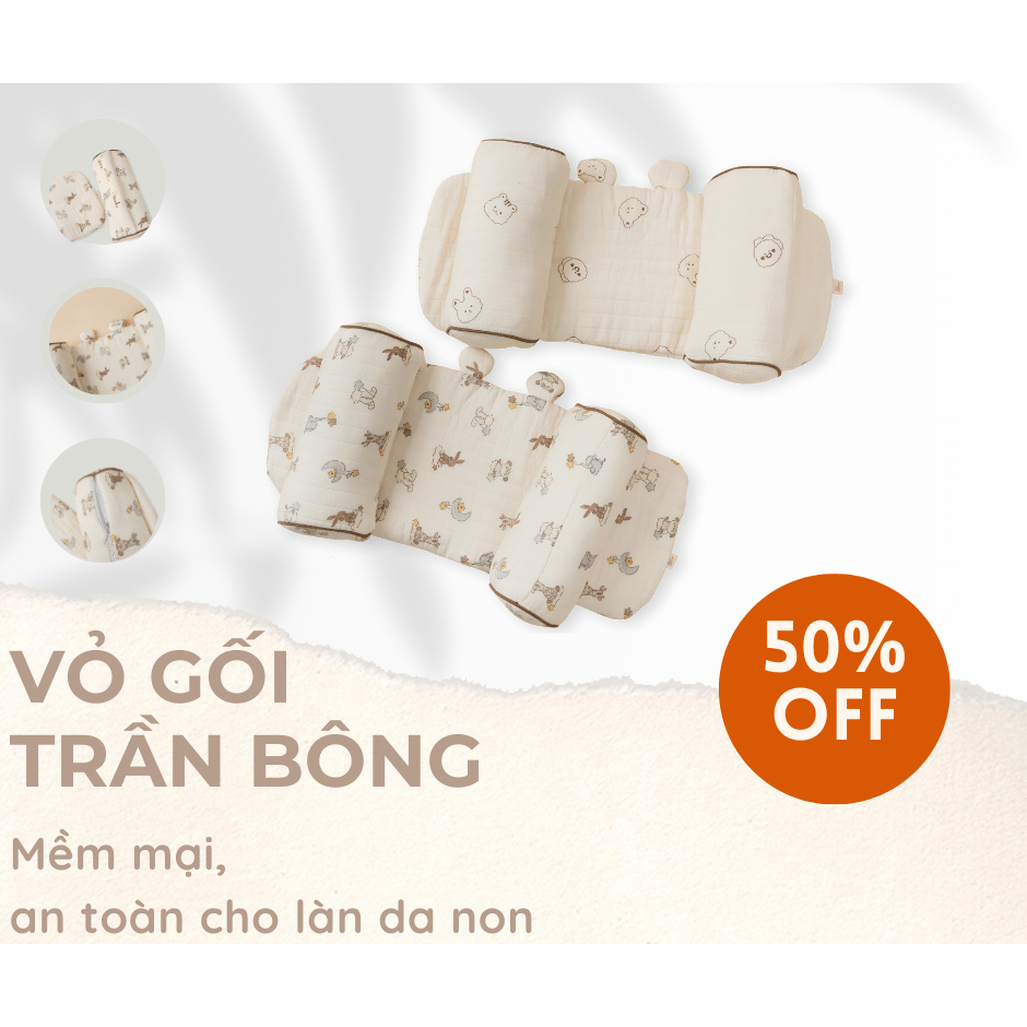 Gối Chặn Định Hình Đầu Xô Trần Bông Muslin Unbee Cho Bé Sơ Sinh, Chống Méo Đầu, Bẹp Đầu,Êm Ái Kèm Bông Bên Trong