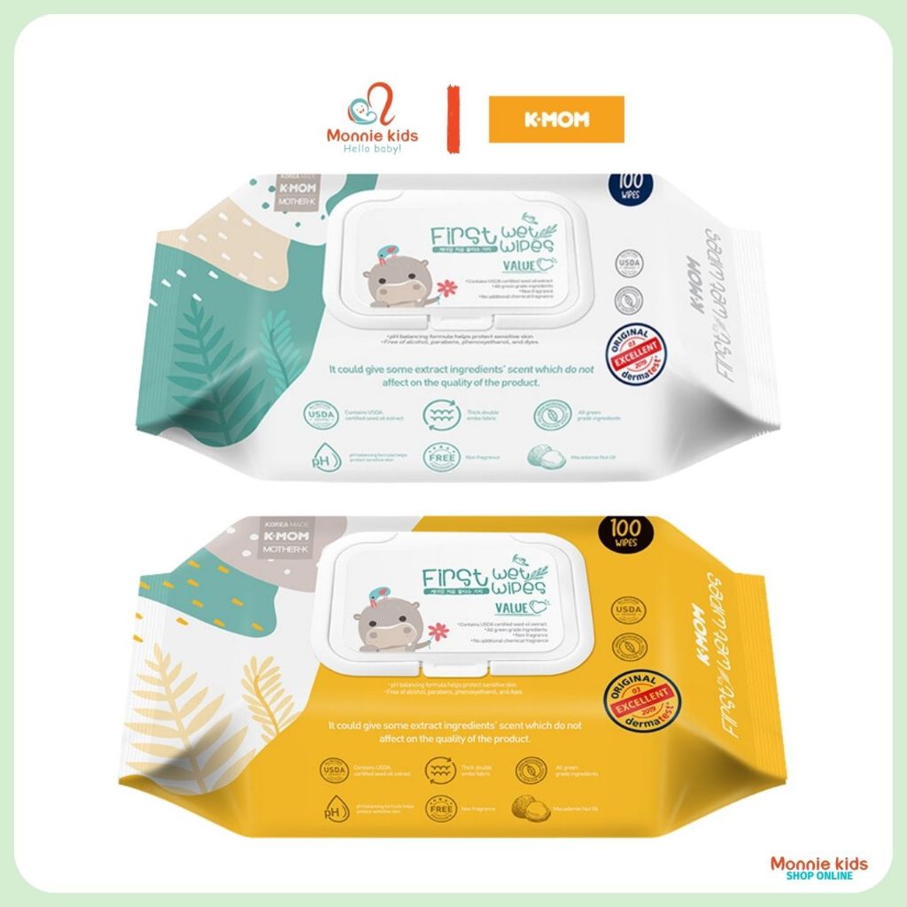 Khăn ướt cho bé K-MOM vân nổi có nắp 100c, khăn giấy 100% cotton ướt siêu mềm - Monnie Kids
