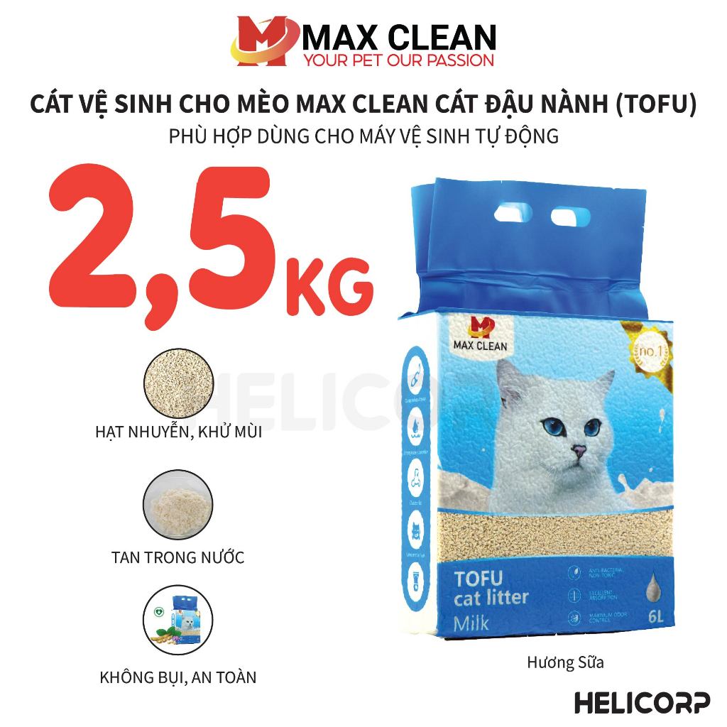 [Mua 2 giảm 4%] Cát Mèo, Cát Vệ Sinh Cho Mèo Đậu Nành Hương Sữa, Tofu Hạt Nhuyễn, Hạt Nhỏ Max Clean 2.5KG - HeLiCorp