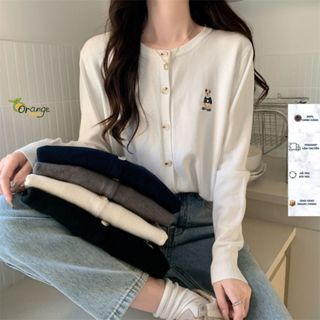 Áo Khoác Len Mỏng dệt Kim Dáng Vừa Tay Dài Cổ Tròn Phối In Con Gấu Ngực Siêu Xinh Basic Mẫu Hot 2024 Hàng Qccc Orange