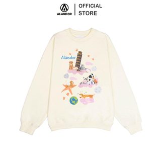 Áo sweater Alandor form rộng nỉ bông cotton premium cổ tròn tay dài mẫu Earth Animals