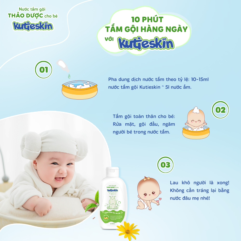 Nước tắm gội thảo dược cho bé Kutieskin 200ml, làm sạch dịu nhẹ, chăm sóc và bảo vệ da bé