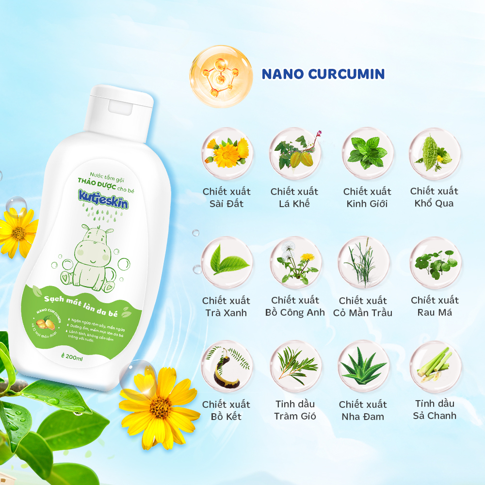 Nước tắm gội thảo dược cho bé Kutieskin 200ml, làm sạch dịu nhẹ, chăm sóc và bảo vệ da bé