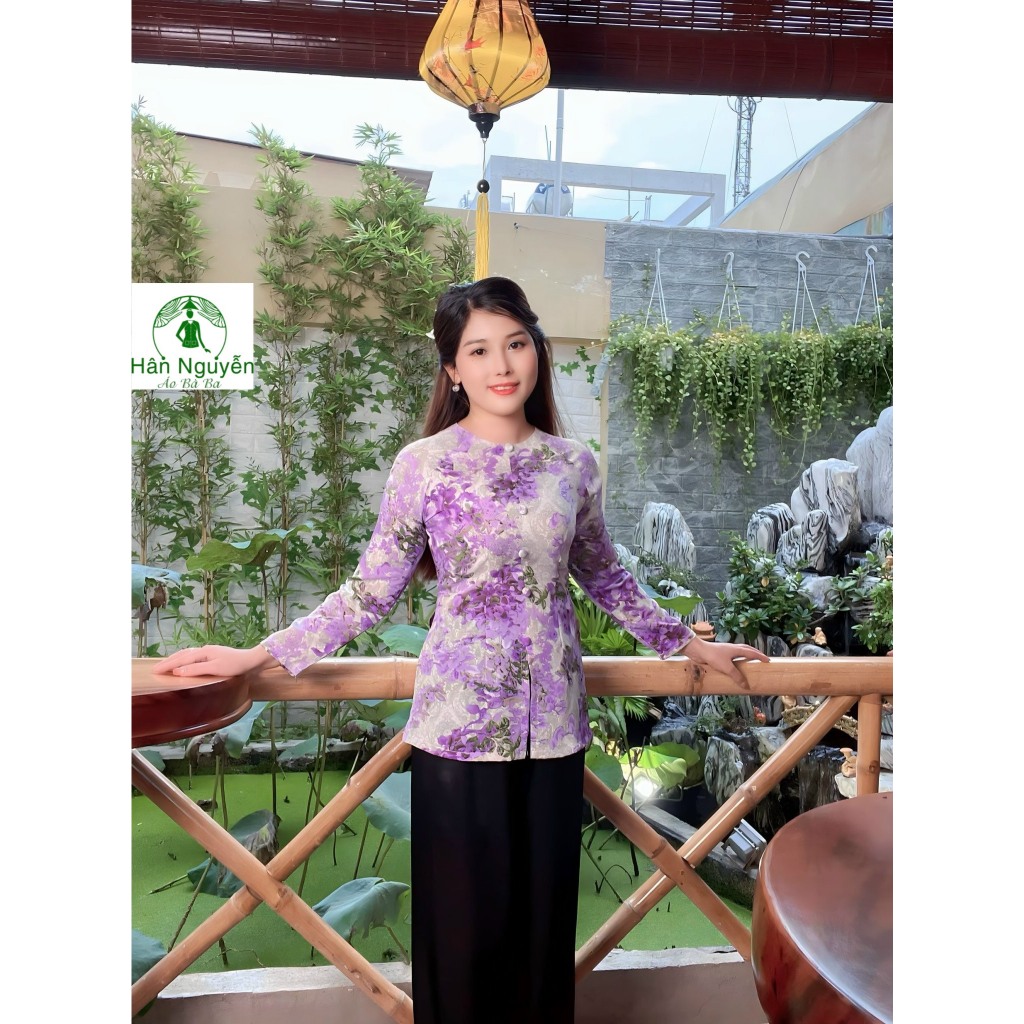 B.A81 - Bộ Bà Ba Hoa Bằng Lăng Tay Dài Dây Kéo Cổ Tròn - Hân Nguyễn Áo Bà Ba