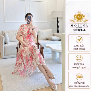 Đầm xòe hoa cúc nơ cổ Thiết Kế Molina Dáng xòe bồng Họa Tiết Hoa cúc Chất tơ xước Mềm Mại