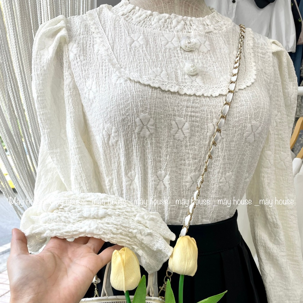 Áo len kiểu tay bồng chun thêu hoa cổ áo đính hoa nổi HÀNG SẴN