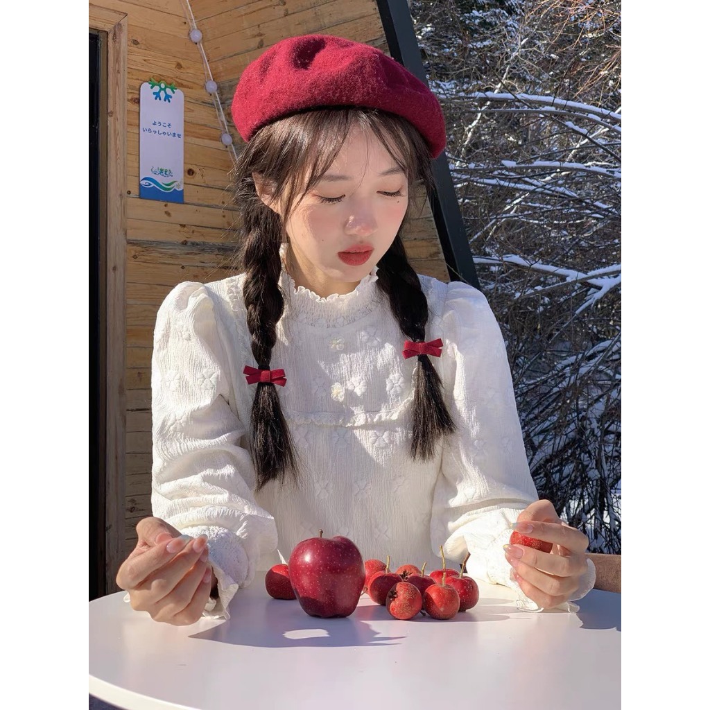 Áo len kiểu tay bồng chun thêu hoa cổ áo đính hoa nổi HÀNG SẴN