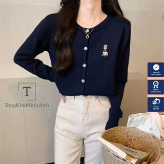 Áo Cardigan Len Dệt Kim Mỏng Cổ Tròn Dài Tay Dáng Ôm Vừa Người Hàng Qccc Phối In Gấu Ngực Phong Cách Hàn Quốc Tongkhomin