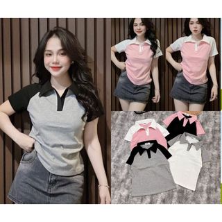 Áo thun nữ ôm body cổ trụ tay ngắn raglan chất vải borip co giãn 4 chiều. Áo thun AH Design cổ sơmi tay raglan
