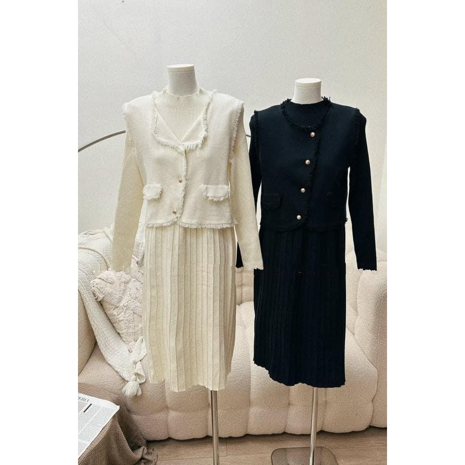 Set váy len xếp li + gile len