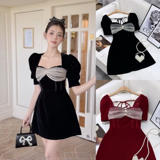 Đầm nhung thiết kế cổ vuông ngực đinh khuy phối lưới Đầm tết đính nơ ngực Bigsize KN từ 50kg đến 100kg M/L/XL/XXL