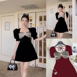 Đầm Nhung Thiết Cổ Vuông Đính Khuy Nơ Ngực Phối Lưới Đầm Tết Sang Chảnh Bigsize Quỳnh Anh Từ 50kg Đến 100kg M/L/XL/XXL